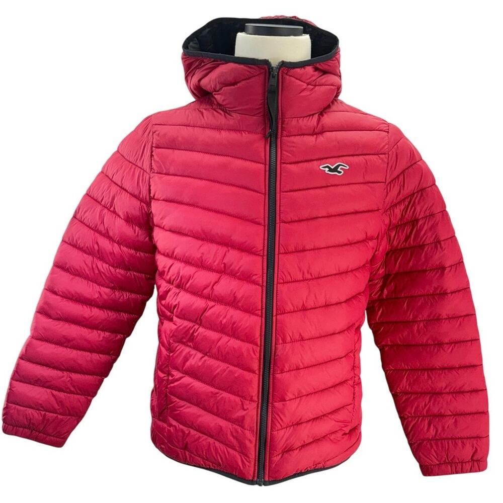 Hollister Men's Red Hooded Puffer Jacket Full Zip Insulated Coat Small